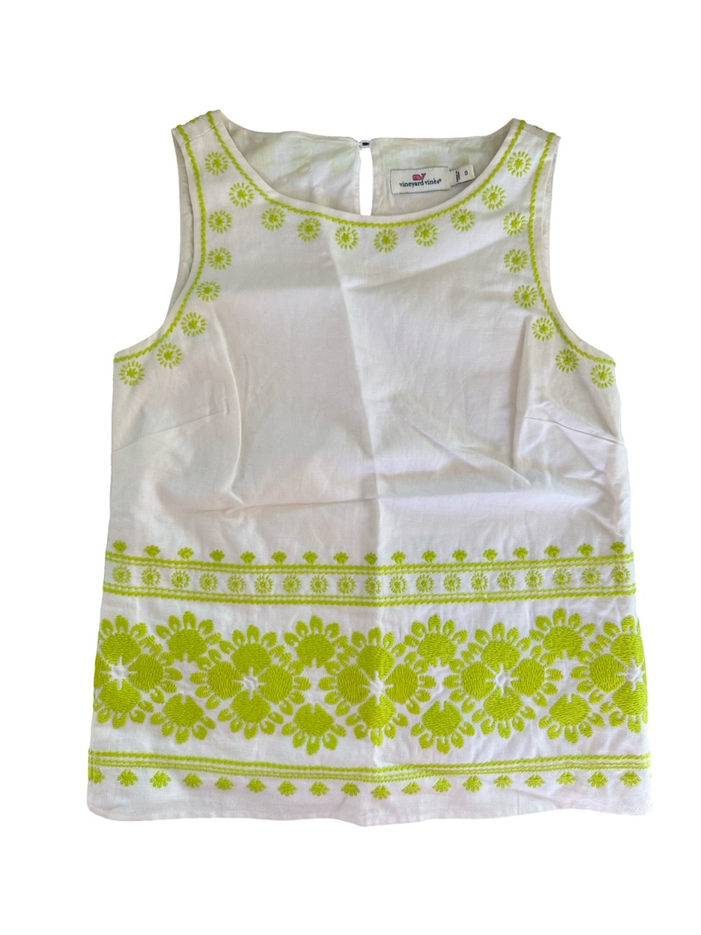 Vineyard Vines White Sleeveless Embroidered Tank with Lime Green Accents Size 0